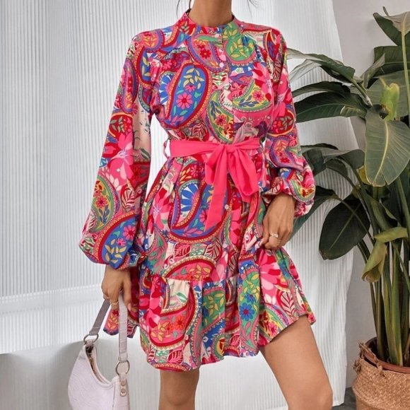 Pink boho Womens Paisley Print  mini Dress - Picture 5 of 5